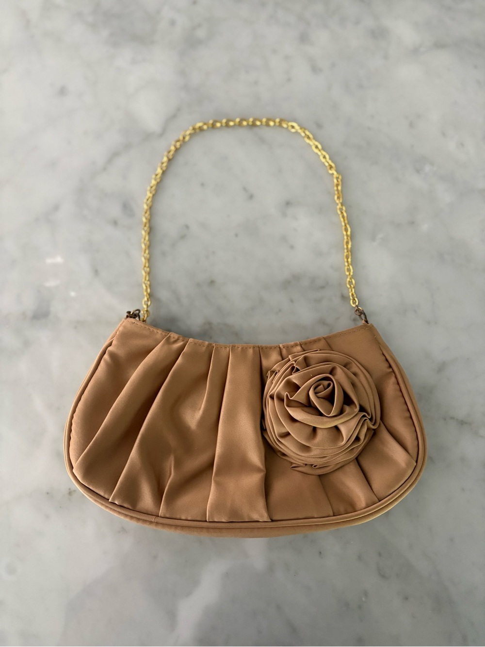 Bellezza Champagne Gold Satin Pleated Rosette Evening Bag
